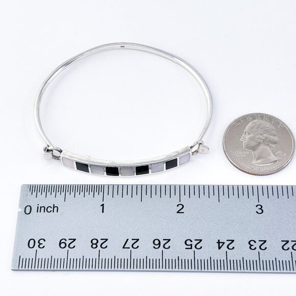 Vintage Thailand ATI Sterling Silver 925 Mother of Pearl Onyx Inlay Bangle 6.75" - Picture 9 of 10
